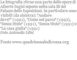 La fotografia ritrae una parte delle opere di Alberto Sughi esposte nella sala III del Palazzo delle Esposizioni. In particolare sono visibili (da sinistra): "Andare dove?" (1991), "Uomo nel parco" (1992), "Senza titolo" (1991), "Senza titolo" (1991) e "La casa gialla" (1991) Foto Antonello Idini Fonte www.quadriennalediroma.org