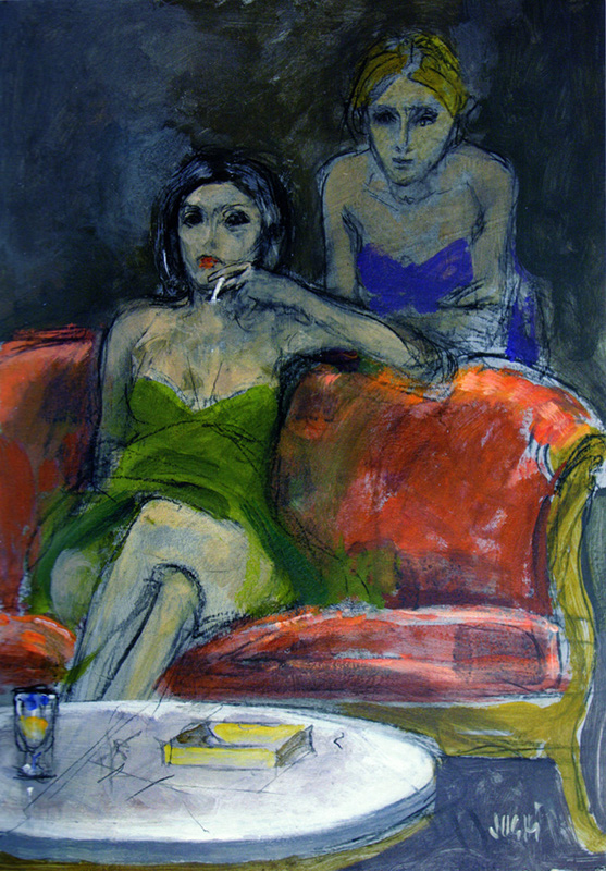 Alberto Sughi, Due ragazze e divano rosso, tempera su cartone, 70x50cm,2010