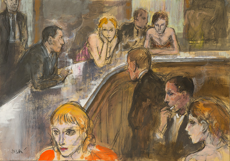 Alberto Sughi, Il banco del bar, tempera su carta intelata, 50x70cm, 2010