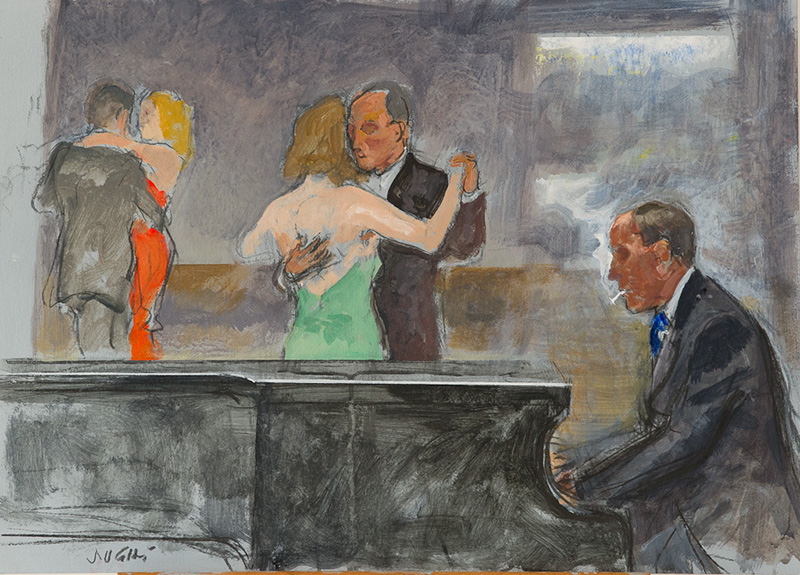 Alberto Sughi, Ballo al piano bar, tempera su carta intelata, 50x70cm, 2010