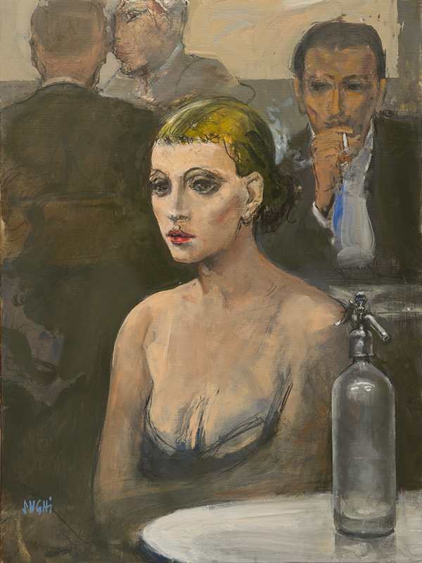 Alberto Sughi, Donna al bar, olio su tela, 80x60cm, 2011